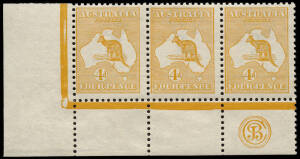 4d Orange (Plate 2), JBC Monogram corner strip of 3 from the left pane; with bright colour and full margins, MLH/MUH. An extremely rare example of the monogram in a positional strip. BW:15(2)z - $10,000.Provenance: Kevin Nelson, 2002.