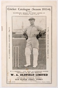 "Cricket Catalogue (Season 1933-4)" produced for W.A. OLDFIELD LIMITED, Sydney. A very rare example of the illustrated catalogues produced for the company established by Test greats Oldfield and Macartney; 16pp including an article by Oldfield "Some hints on wicket-keeping."