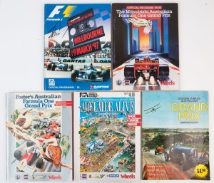 LITERATURE - OFFICIAL PROGRAMMES: with 1997 F1 Melbourne official programme with 7 signatures (on relevant pages) including Sir Jackie Stewart, Alain Prost, Mika Hakkinen & Ron Dennis; others for Australian 1978 Australian Grand Prix 'Golden Jubilee', plus for 1985, 1986 & 1987 for Australian Grands Prix. (5 items)