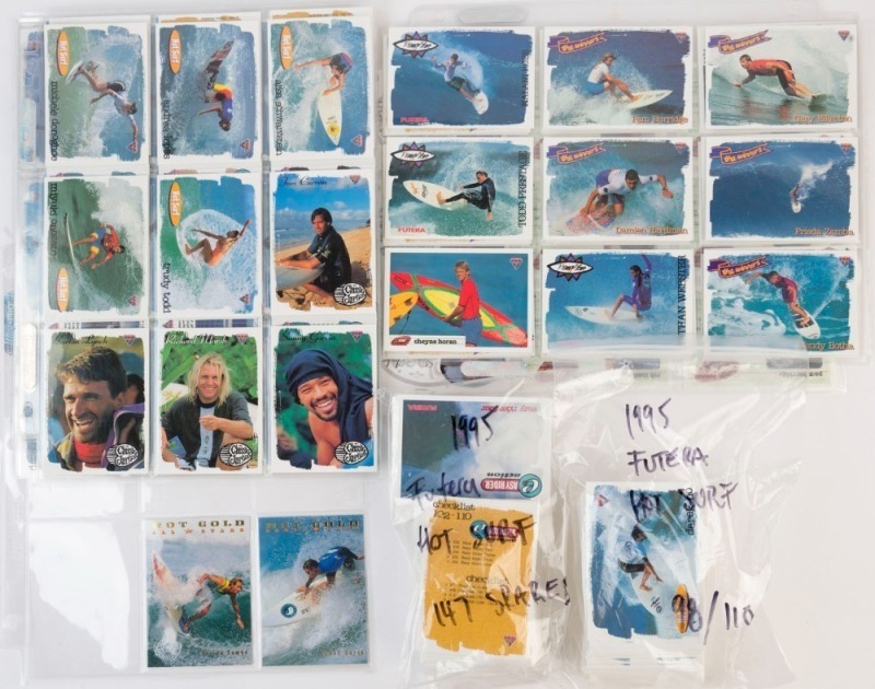 SURFING - COLLECTOR CARDS: 1995 Futera 'Hot Surf' complete set  [110] on display sheets, plus part set [98/110] and 147 duplicates; also 1994 Futera 'Hot Gold' [10] surfing cards. (365)