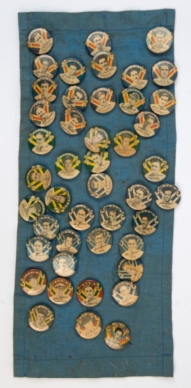 GRAHAM MCKENZIE COLLECTION - PIN BADGES: 1951 Argus pin badges collected by Graham, comprising 'Australia v England 1950-51 Test Tour, (16, all English players), 'Australia v England 1950-51 Test Souvenir' (9, all Australian players), 'Australian 1950-195