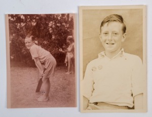 GRAHAM MCKENZIE COLLECTION - EARLY PHOTOGRAPHS: 1950 photograph (12x8.5cm) of Graham batting as a nine year old, plus a 1951 photograph (13x8.5cm) of Graham pictured wearing two of the Argus pin badges featured in the next lot.