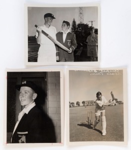 GRAHAM MCKENZIE COLLECTION - 1955 W.A. STATE SCHOOLBOYS CRICKET CAPTAIN: press photographs showing (1) McKenzie wearing his State Schools Boys cap & blazer; (2) Photograph of McKenzie, as Captain, with NSW captain Davidson during the 1955 Australian State Schoolboys Cricket Carnival; (3) 1955 image of McKenzie batting at the WACA; each 12x9.5cm.