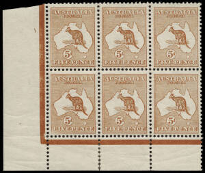 5d Chestnut, No Monogram corner block of 6 from the left pane, MUH/MLH. A highly important and extremely scarce piece; superbly centred and with lovely colour and perforations. One of the finest examples known. BW:16(1)z+ - $10,000. [NB: The Cornwallis st