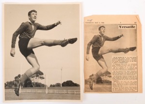 GRAHAM MCKENZIE COLLECTION - c.1956 CLAREMONT FOOTBALL CLUB: action photograph (25x20cm) of a 14 year old McKenzie practising his kicking playing junior football for Claremont. An accompanying newspaper article ( May 3,1956) records that McKenzie was part of an U-16 side which remained undefeated in a 1955 Claremont football competition, and also reports on his talents as a hockey player and cricketer.