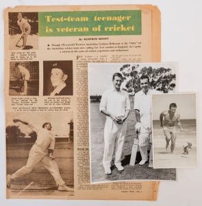 GRAHAM MCKENZIE COLLECTION - 1961 PRE TOUR/TEST DEBUT: pre-tour photograph (13x8cm) of McKenzie training at Cottesloe Beach with his dog "Scottie", another (21x16cm) showing McKenzie and Bobby Simpson at the WACA ground; also Women's Weekly feature article (Apr.5, 1961) on his selection for the Australian cricket team.