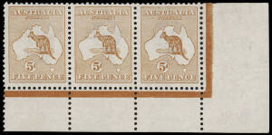 5d Chestnut, No Monogram corner strip of 3 from the right pane with variety at R60 "Top frame damaged over ST of AUSTRALIA"; well centred Unused; with a couple of nibbed perforations at left. Extremely rare and attractive example of this No Monogram posit