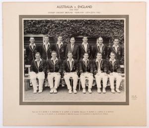 GRAHAM MCKENZIE COLLECTION - 1962-63 ASHES SERIES: 1963 Official Australia team photograph, titled 'Australia v England, 5th Test, Sydney Cricket Ground, February 15th-20th 1963', showing McKenzie 2nd left on back row; players names printed on mount, overall 29x34cm.
