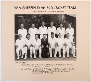 GRAHAM MCKENZIE COLLECTION - 1962-63 WA SHEFFIELD SHIELD: Official team photograph, titled 'W.A. Sheffield Shield Cricket Team, Eastern States Tour 1962-65', showing McKenzie 2nd left on back row; players names inscribed on mount, overall 30x34cm.