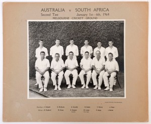 GRAHAM MCKENZIE COLLECTION - 1963-64 AUSTRALIA v SOUTH AFRICA TEST SERIES: 1963-64 Official Australian team photograph, titled 'Australia v South Africa, 2nd Test, January 1st - 6th, 1964, Melbourne Cricket Ground ', showing McKenzie 2nd left on back row; players names printed on mount beneath, overall 30x37cm.
