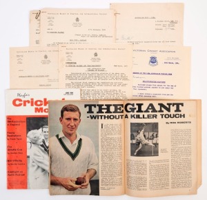 GRAHAM MCKENZIE COLLECTION - 1964 TOUR OF ENGLAND, INDIA & PAKISTAN: bundle of documents and contract notices relating to the 1964 Tour, with typed notifications relating to travel arrangements, one signed by tour manager Ray Steele, another by treasurer Jack Ledward; also tour itinerary and 1964 copies of 'Playfair Cricket Monthly' (June) and World Sports (Aug.) with includes an article on McKenzie. (small qty).