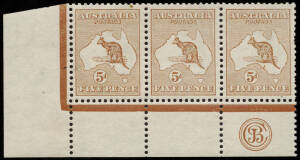 5d Chestnut (Plate 2), JBC Monogram strip of 3 from the left pane, MUH/MLH; the monogram unit with one pulled perf at right. A rare multiple. BW:16(2)z - $8000.Provenance: Kevin Nelson, 2002