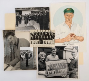 GRAHAM MCKENZIE COLLECTION - 1964 TOUR OF ENGLAND, INDIA & PAKISTAN: photographs relating to the 1964 Tour including McKenzie being presented to the Queen during the 2nd Test at Lord's; also sponsor's postcard showing the Australian Touring Team, and a signed print of McKenzie ; condition variable. (6 items)
