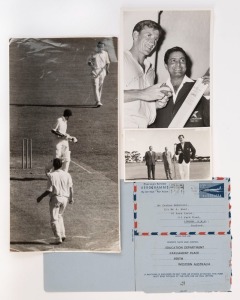 GRAHAM MCKENZIE COLLECTION - 1964-65 AUSTRALIAN CRICKET SEASON: selection of items comprising photograph (33x17cm) of McKenzie taking his 100th Test wicket during the Test Match against Pakistan (Dec.4-8, 1964), photograph (19x14cm, signed by McKenzie) showing him with Pakistan batsman Hanif Mohammad following McKenzie's milestone 100th wicket and Mohammad's century in the same Test; also 1965 (July 19) courtesy aerogramme from the WA Education Department