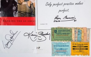 ESSENDON: "Champions of Essendon - Ranking the 60 Greatest Bombers of all Time" poster (repair), boldly signed by Terry Daniher and Kevin Sheedy; also VFL Reserve passes (9, 1982-86 & 1988-92) for Essendon Club Matches; also MELBOURNE: Ron Barassi signature on card with printed "Perfect Practice" maxim, with personal message on reverse, initialled by Barassi. (11 items)