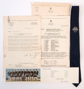 GRAHAM MCKENZIE COLLECTION - 1969-70 AUSTRALIAN TOUR OF INDIA AND SOUTH AFRICA: selection of items relating to the tour comprising tour tie with Australian Coat of Arms & '1969-70' beneath; Season's Greetings card including a colour image of the Australian team sent from Graham McKenzie to his mother and father; Australian Board of Control documentation for the tour including full travel itinerary.