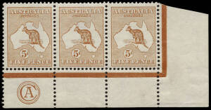 5d Chestnut (Plate 2), CA Monogram corner strip of 3 from the right pane; lightly mounted in the margins, the stamps are fresh MUH. A truly magnificent example of this rare positional piece. BW:16(2)zb - $8000.