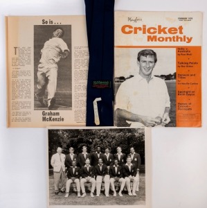 GRAHAM MCKENZIE COLLECTION - 1970 REST OF THE WORLD V ENGLAND SERIES: selection of items relating to the series comprising official tie; press photograph of the ROW team selected for the First Match at Lord's showing McKenzie at the far right of the front row, being the only Australian in the team, signed on the reverse by Graham McKenzie; also two magazines from the period with articles featuring McKenzie. (4 items).