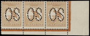 5d Chestnut, No Monogram corner strip of 3 from the left pane, perforated Large OS, position R60 showing the variety "Top frame damaged over ST of AUSTRALIA"; stamps MUH; lightly mounted in margin. An exceptionally rare multiple. BW:16(1)za - ($11,000+) b