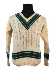 ROD MARSH (1947 - 1022), A match-worn Australian Test Team long-sleeved jumper, endorsed "Rod M" on the maker's label, Provenance: Acquired by the vendor at a cricket club dinner in Perth, W.A. Marsh had donated the jumper as the major prize in a fund-raising raffle.