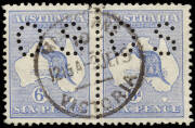 6d Ultramarine, Watermark Inverted horizontal pair, perforated Small OS and fine used at Melbourne, June 1915; believed to be the UNIQUE multiple example of this combination. BW:17a - $750 each, but unpriced perforated OS. While a couple of singles can be