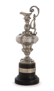"AMERICA'S CUP 1983" sterling silver replica miniature trophy, limited edition of 3000, made in Birmingham England, circa 1985, mounted on ebonised wooden plinth, 18.5cm high overall