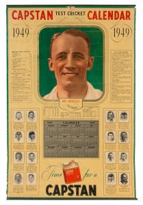 DON BRADMAN: 'Capstan Test Cricket Calender 1949' featuring large colour portrait of Bradman showing his Test Match records beneath, plus black & white images of 15 other players and manager Keith Johnson, overall 74x49cm; good condition overall.