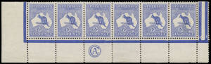 6d Ultramarine (Plate 2) CA Monogram complete strip of 6 from the left pane; glorious colour, beautifully centred, with 5 units MUH and one MLH. A most handsome example of this rare monogram multiple. BW:17(2)z+ - $8500++. [NB: the Hugh Morgan CA corner s