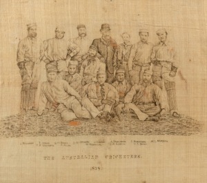 GRAHAM MCKENZIE COLLECTION - 1878 AUSTRALIAN CRICKETERS: original print on fabric (24x28cm), from an 1878 engraving, entitled 'The Australian Cricketers 1878', window mounted on board, adhered to reverse is a c.1940s Yuillefield Group (tea plantation owners, Ceylon) typed notice naming the players; framed & glazed, overall 49x64cm.