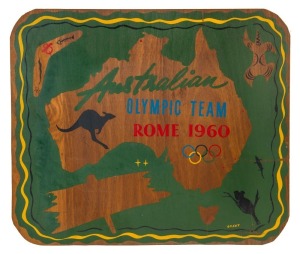 1960 ROME OLYMPICS: painted commemorative wobble board for 'Australian Olympic Team Rome 1960' in a map design decorated with the Olympic Rings and Australian wildlife, artist signed as "Grant", 61x71cm. Unusual.