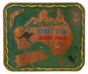 1960 ROME OLYMPICS: painted commemorative wobble board for 'Australian Olympic Team Rome 1960' in a map design decorated with the Olympic Rings and Australian wildlife, artist signed as "Grant", 61x71cm. Unusual.