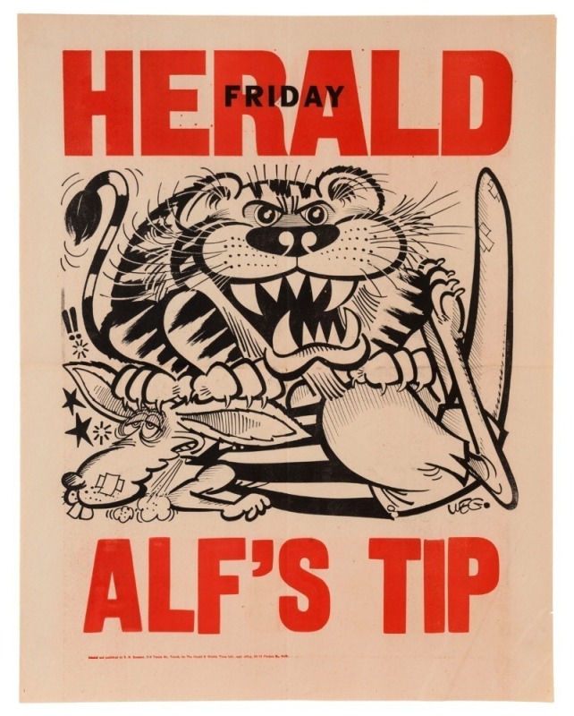 1974 GRAND FINAL EVE POSTER: Undated "ALF'S TIP" original WEG prediction poster (published 27 September 1974) depicting a rampant Richmond Tiger sitting atop a bruised and battered North Melbourne Kangaroo. (Alf Brown was correct in his prediction, with t