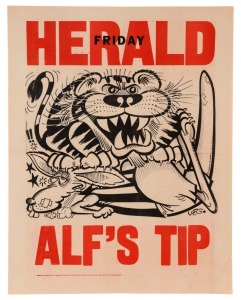 1974 GRAND FINAL EVE POSTER: Undated "ALF'S TIP" original WEG prediction poster (published 27 September 1974) depicting a rampant Richmond Tiger sitting atop a bruised and battered North Melbourne Kangaroo. (Alf Brown was correct in his prediction, with the Tigers winning by a margin of 41 points in front of a crowd which exceeded 113,000.) An extremely rare poster, this being only the fourth example we have offered. Very good condition. 65.5 x 51.5cm.