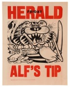 1974 GRAND FINAL EVE POSTER: Undated "ALF'S TIP" original WEG prediction poster (published 27 September 1974) depicting a rampant Richmond Tiger sitting atop a bruised and battered North Melbourne Kangaroo. (Alf Brown was correct in his prediction, with t