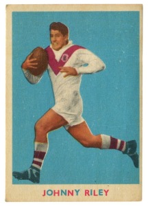 SCANLENS 1963 (FIRST SERIES): Card #10 Johnny Riley, St. George Dragons [1/18]; couple light surface wrinkles. Good condition overall.