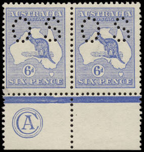 6d Blue (Plate 2), CA Monogram pair from the left pane, perforated Small OS, MLH. Extremely rare; the JBC Monogram pair (also perf.Small OS in the Hugh Morgan sale brought £3180, November 2012). BW:17(2)za+ - but not priced perf.OS nor as a pair. 