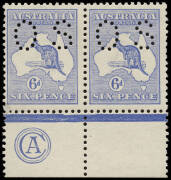 6d Blue (Plate 2), CA Monogram pair from the left pane, perforated Small OS, MLH. Extremely rare; the JBC Monogram pair (also perf.Small OS in the Hugh Morgan sale brought &pound;3180, November 2012). BW:17(2)za+ - but not priced perf.OS nor as a pair.&nbsp;