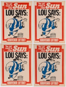 Saturday (morning) September 28, 1974 "The SUN" poster with NORTH MELBOURNE predicted to be triumphant, "LOU SAYS" in the Grand Final to be played later that day. Artwork by Jeff Hook. Scarce. Very good condition. Lou was wrong on this occasion. Richmond defeated North Melbourne by 41 points.