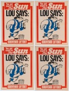 Saturday (morning) September 28, 1974 "The SUN" poster with NORTH MELBOURNE predicted to be triumphant, "LOU SAYS" in the Grand Final to be played later that day.&nbsp; Artwork by Jeff Hook. Scarce. Very good condition. Lou was wrong on this occasion. Richmon