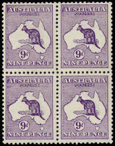 9d Deep Violet, beautifully centred and fresh block of 4; upper units MVLH, lower units MUH. Significant over-inking has resulted in filled-in shading lines and a very thick Australian coast in places. A most attractive multiple.
