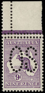 9d Violet, perforated Large OS marginal single with Doubled Perforations at top, horizontally and vertically. Superb MUH (MLH in margin).
