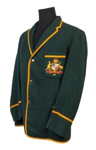 GRAHAM MCKENZIE COLLECTION - 1961 ASHES TOUR OF ENGLAND:  Graham McKenzie's 1961 Australian Tour blazer in green wool with embroidered Coat-of-Arms & '1961' on pocket, named inside 'G McKENZIE' on Farmer's (Sydney) maker's label. In very good condition.