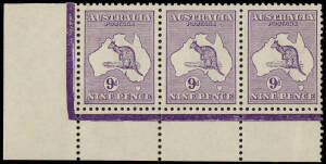 9d Violet (Plate 1) No Monogram corner strip of 3 from the left pane; the stamps MUH; lightly mounted in the margins. An incredible rarity, we have been able to trace only one other example from the left pane: Lot 108 &nbsp;in the Hugh Morgan sale Nov. 2012 wi