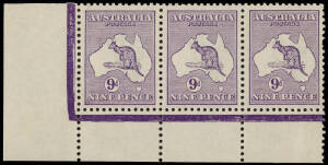 9d Violet (Plate 1) No Monogram corner strip of 3 from the left pane; the stamps MUH; lightly mounted in the margins. An incredible rarity, we have been able to trace only one other example from the left pane: Lot 108  in the Hugh Morgan sale Nov. 2012 wi
