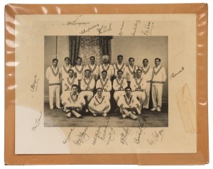 1947-48 INDIAN TEST TEAM IN AUSTRALIA: original team photograph, with 17 signatures in the borders including Lala Armanath (Capt.), Vijay Hazare, Vinoo Mankad & Dattu Pahadkar, mounted on thick card; overall 19x24cm, with CofA.