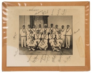 1947-48 INDIAN TEST TEAM IN AUSTRALIA: original team photograph, with 17 signatures in the borders including Lala Armanath (Capt.), Vijay Hazare, Vinoo Mankad & Dattu Pahadkar, mounted on thick card; overall 19x24cm, with CofA.