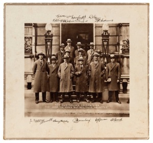 AUSTRALIA 1926 TEST TEAM: Point-of-sale advertising on thick card, titled "The Australian Cricketers - They Leave The Ashes but not their 'Aquatites'", featuring the Australian team collectively posing in a range of Aquatite raincoats, bordered by printed