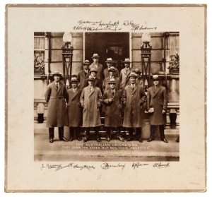 AUSTRALIA 1926 TEST TEAM: Point-of-sale advertising on thick card, titled "The Australian Cricketers - They Leave The Ashes but not their 'Aquatites'", featuring the Australian team collectively posing in a range of Aquatite raincoats, bordered by printed signatures of the players, including Woodfull, Oldfield, Ponsford, Ryder, Grimmett, Bardsley, Macauley & Richardson; overall 35x38cm.