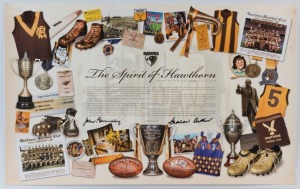 HAWTHORN: Posters/Souvenirs selection with c.2007 "The Spirit of Hawthorn" limited edition poster signed by John Kennedy & Graham Arthur, numbered #345 of 1000; also 1982 team photo poster, and 1989 Sunday Herald, Sunday Press, & 1991 Herald-Sun (2) newspaper souvenir pages. (6 items)