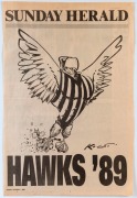HAWTHORN: Posters/Souvenirs selection with c.2007 "The Spirit of Hawthorn" limited edition poster signed by John Kennedy & Graham Arthur, numbered #345 of 1000; also 1982 team photo poster, and 1989 Sunday Herald, Sunday Press, & 1991 Herald-Sun (2) newsp - 2